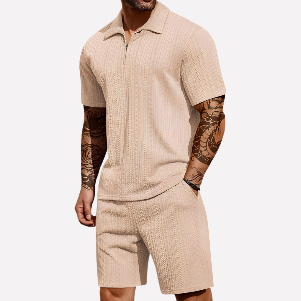 Men's 2-Piece Casual Set - Quarter-Zip Polo & Shorts