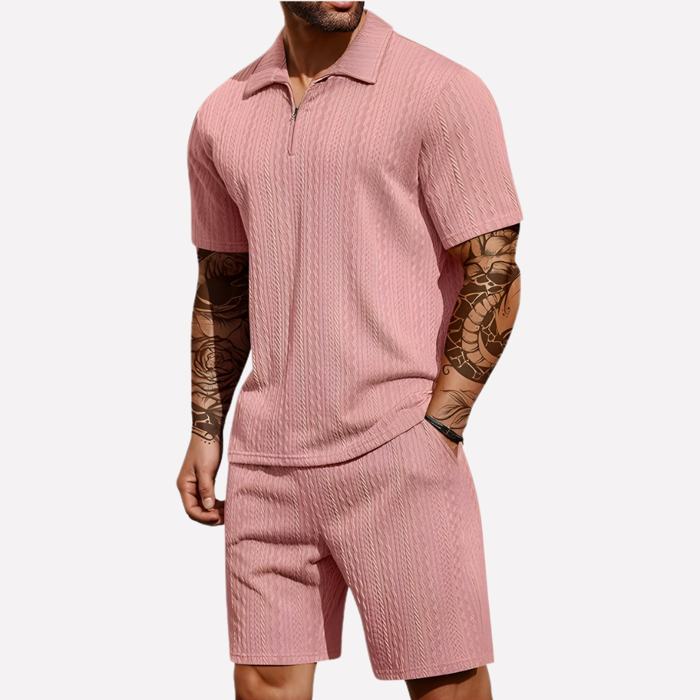 Men's 2-Piece Casual Set - Quarter-Zip Polo & Shorts