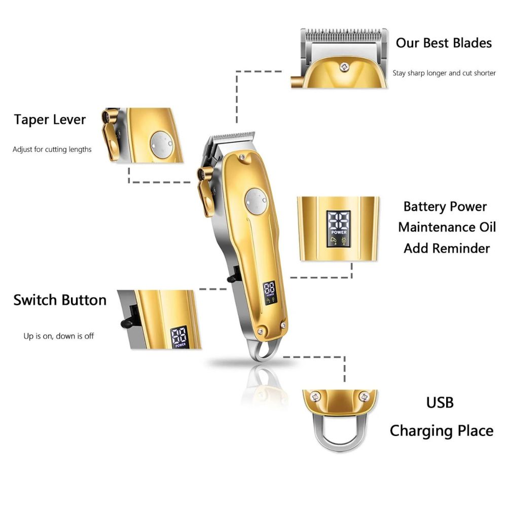 Pro Hair Clippers Set - Cordless Gold Fade Clipper Kit