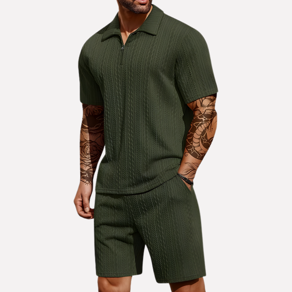 Men's 2-Piece Casual Set - Quarter-Zip Polo & Shorts