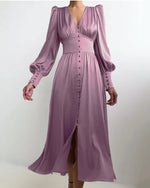Satin V-Neck Maxi Dress - Elegant Flowing Silhouette