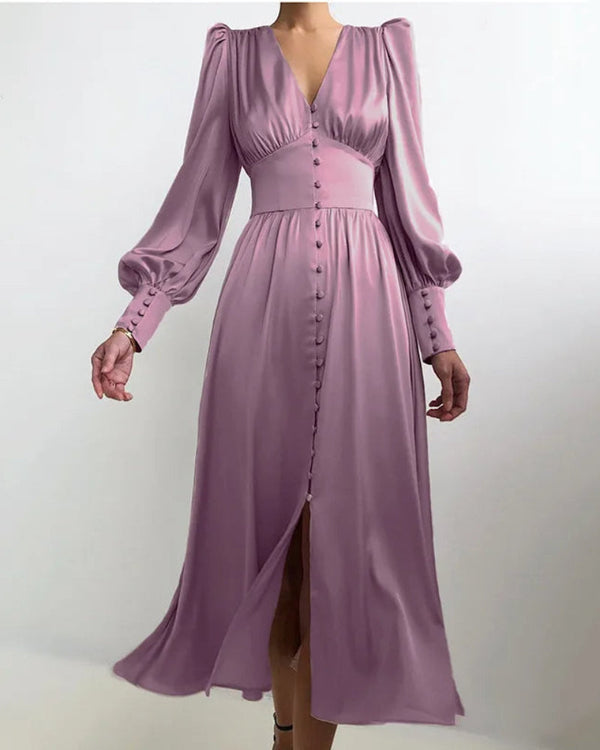 Satin V-Neck Maxi Dress - Elegant Flowing Silhouette