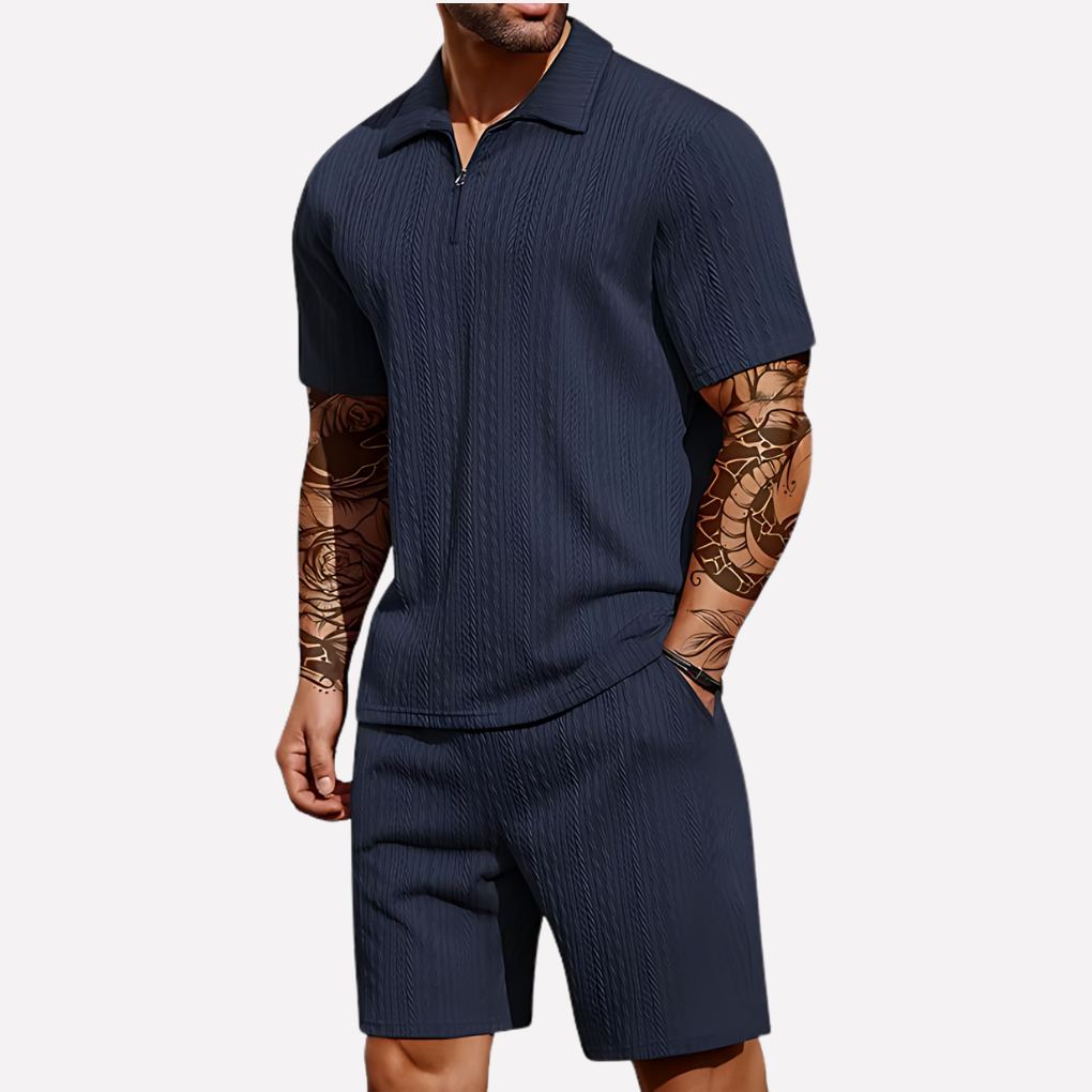 Men's 2-Piece Casual Set - Quarter-Zip Polo & Shorts