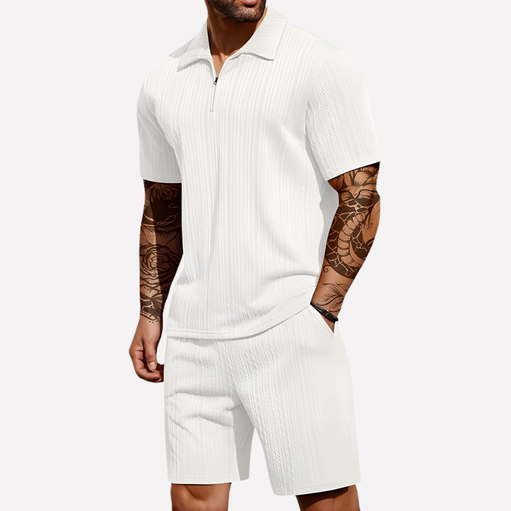 Men's 2-Piece Casual Set - Quarter-Zip Polo & Shorts