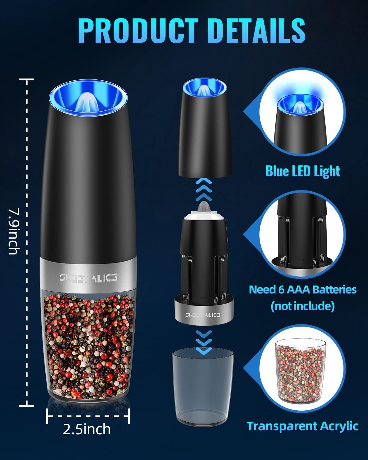 Electric Salt & Pepper Grinder - One-Hand Automatic Spice Mill