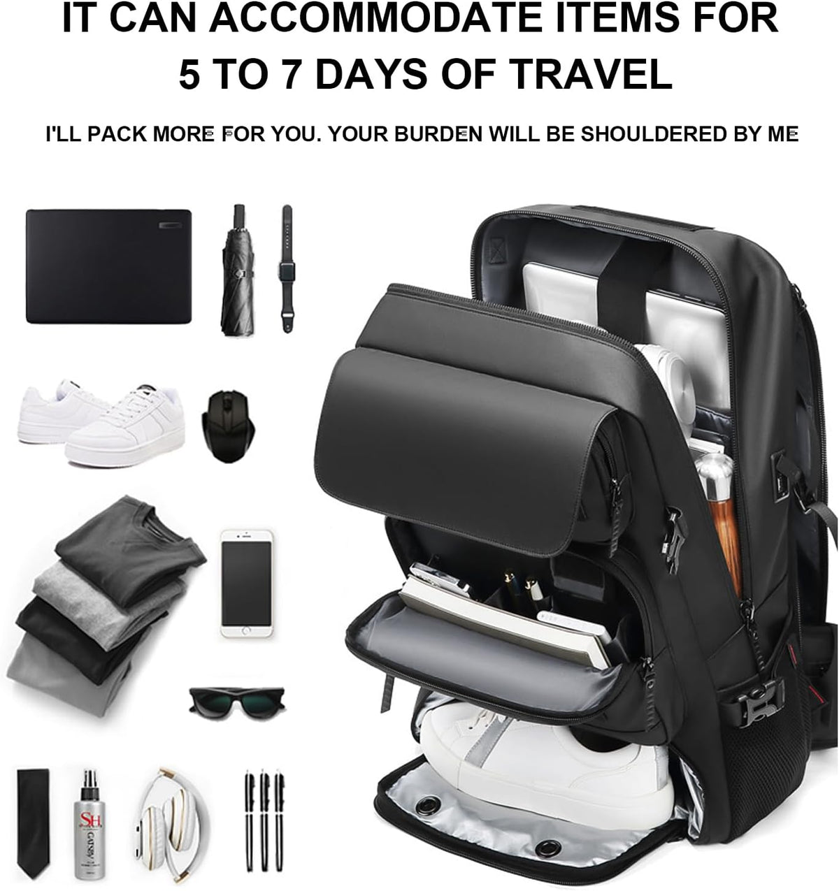 50L Waterproof Travel Backpack - Shoe Compartment & USB Port