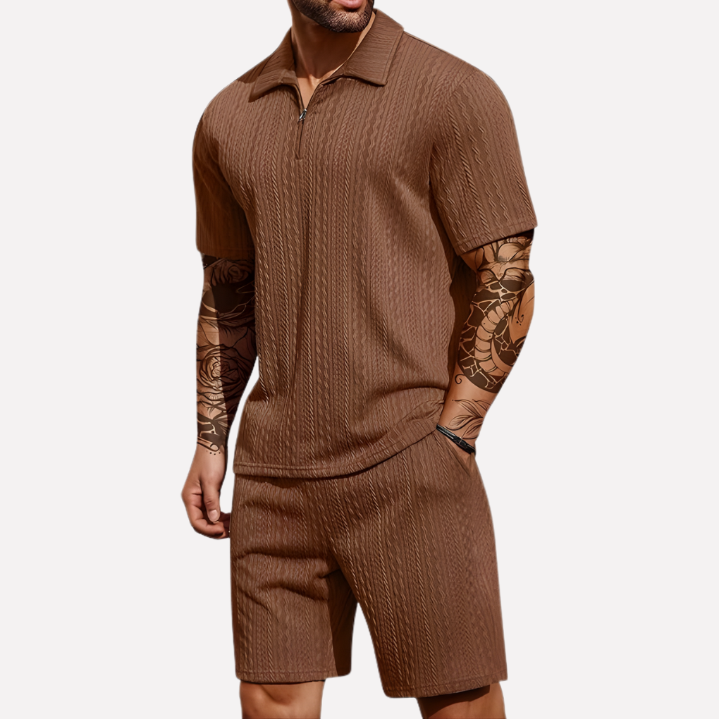 Men's 2-Piece Casual Set - Quarter-Zip Polo & Shorts
