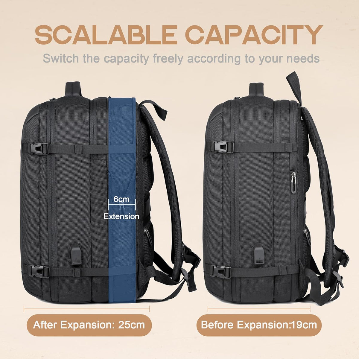 AirVoyage 40L Expandable Backpack - USB Port & Laptop Sleeve