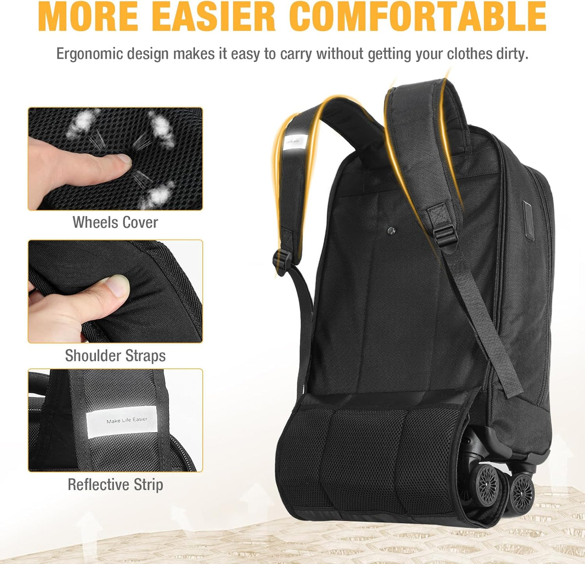 30L Rolling Laptop Backpack - 4-Wheel Water-Resistant Travel Bag