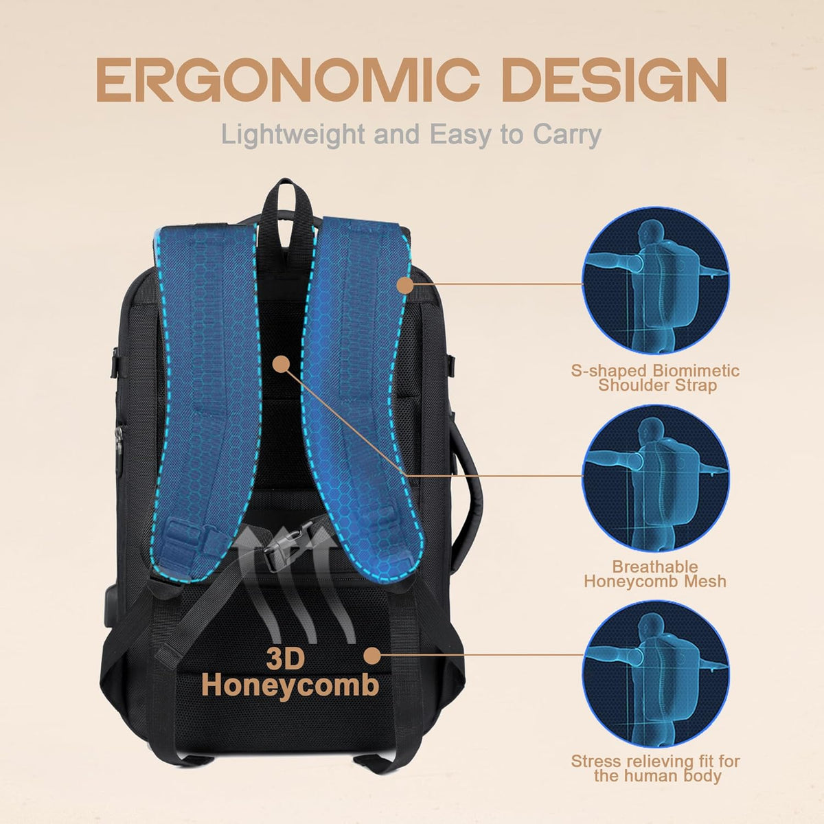 AirVoyage 40L Expandable Backpack - USB Port & Laptop Sleeve