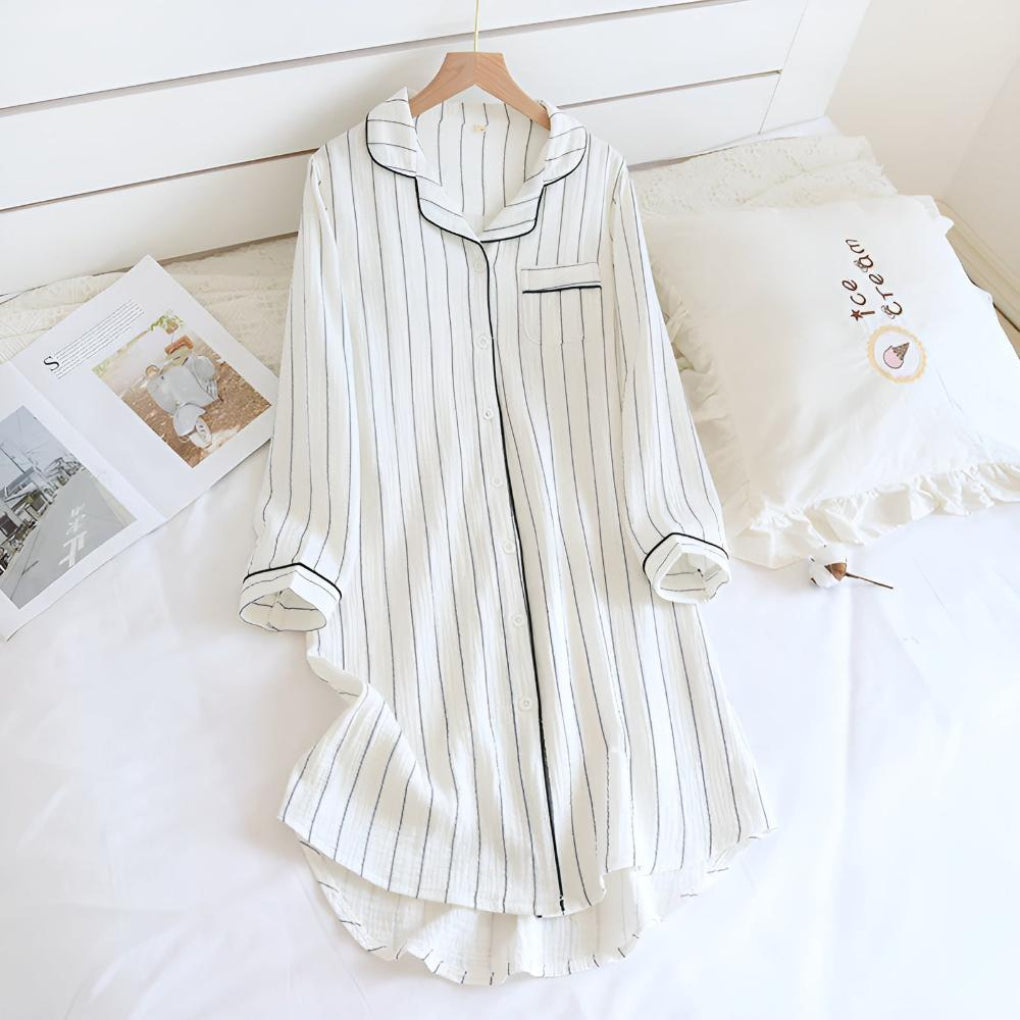 Women's Striped Cotton Gauze Nightgown - Breathable Summer Sleepwear
