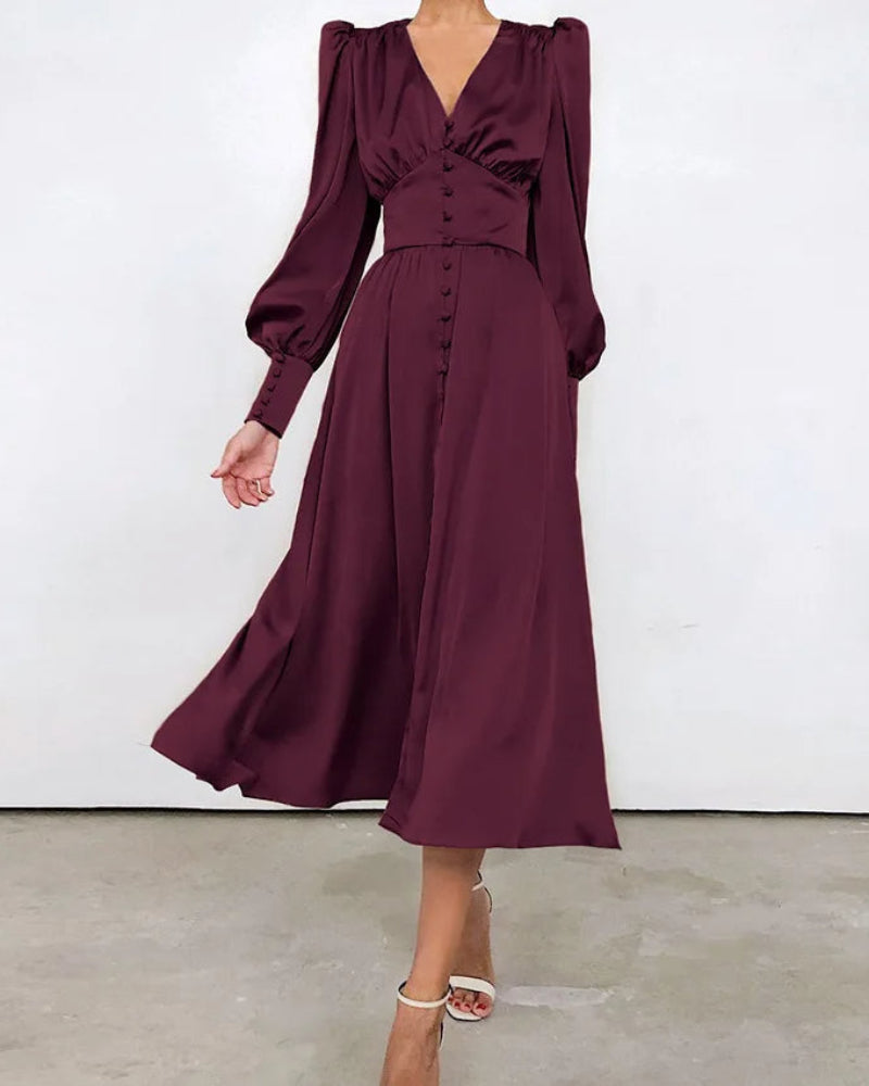 Satin V-Neck Maxi Dress - Elegant Flowing Silhouette