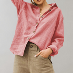 Women's Vintage Linen Blouse - Relaxed Fit with Classic Collar