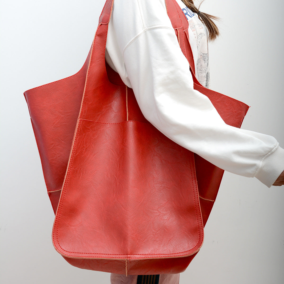 Oversized Vintage Leather Shoulder Bag - Everyday Carryall