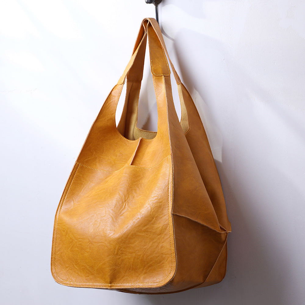 Oversized Vintage Leather Shoulder Bag - Everyday Carryall