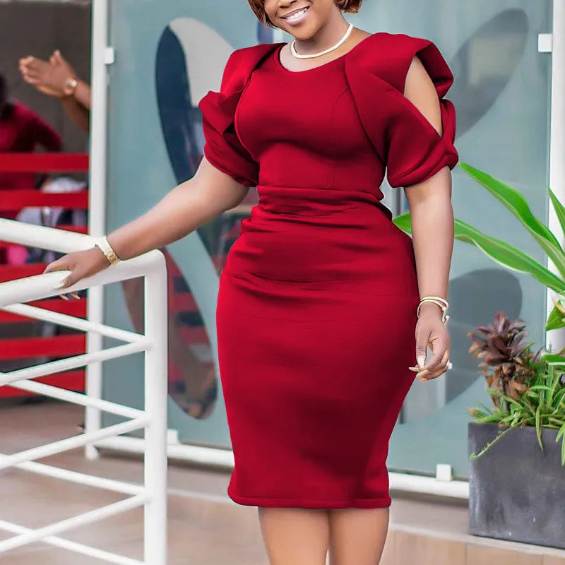 Plus Size Puff Sleeve Dress for Fall - Knee-Length O-Neck Style
