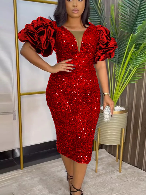 Puff-Sleeve Vintage Plus-Size Dress - Sequin Velvet Party Dress
