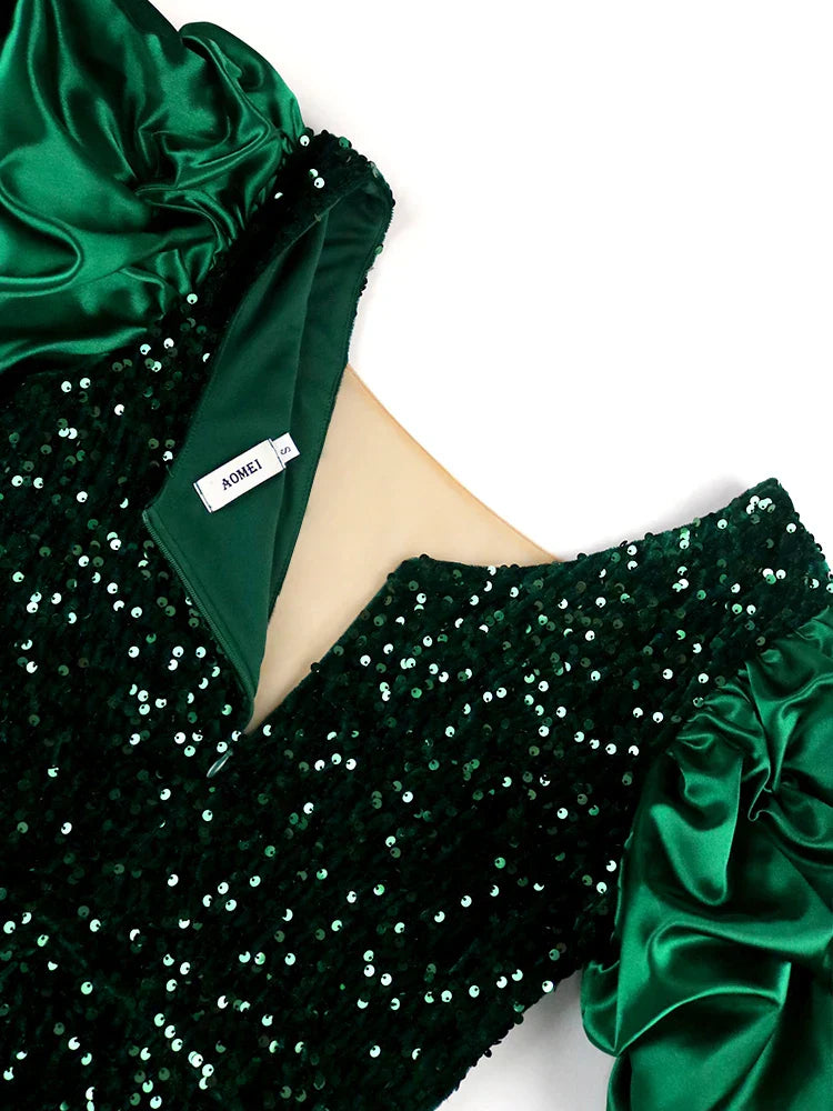 Puff-Sleeve Vintage Plus-Size Dress - Sequin Velvet Party Dress