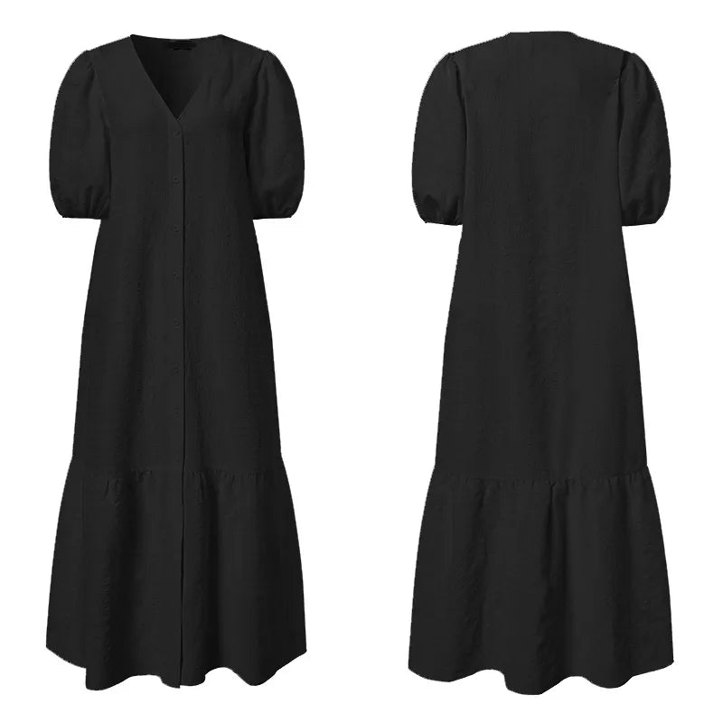 Plus Size V-Neck Maxi Dress - Chic, Modern Style with Puff Sleeves