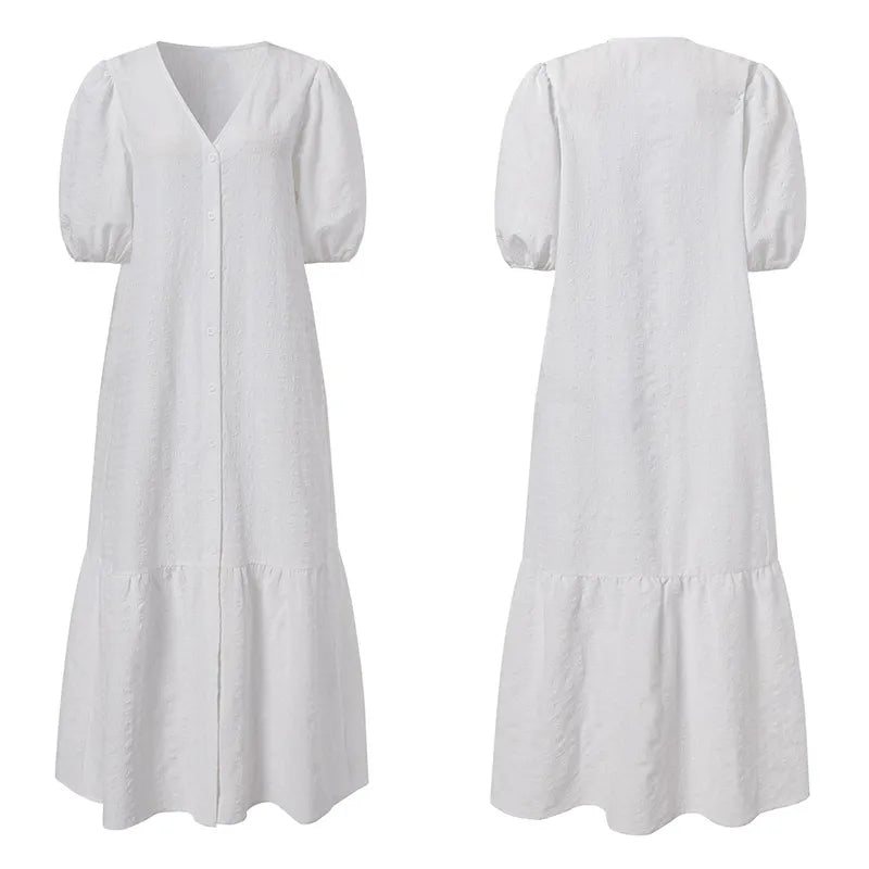 Plus Size V-Neck Maxi Dress - Chic, Modern Style with Puff Sleeves