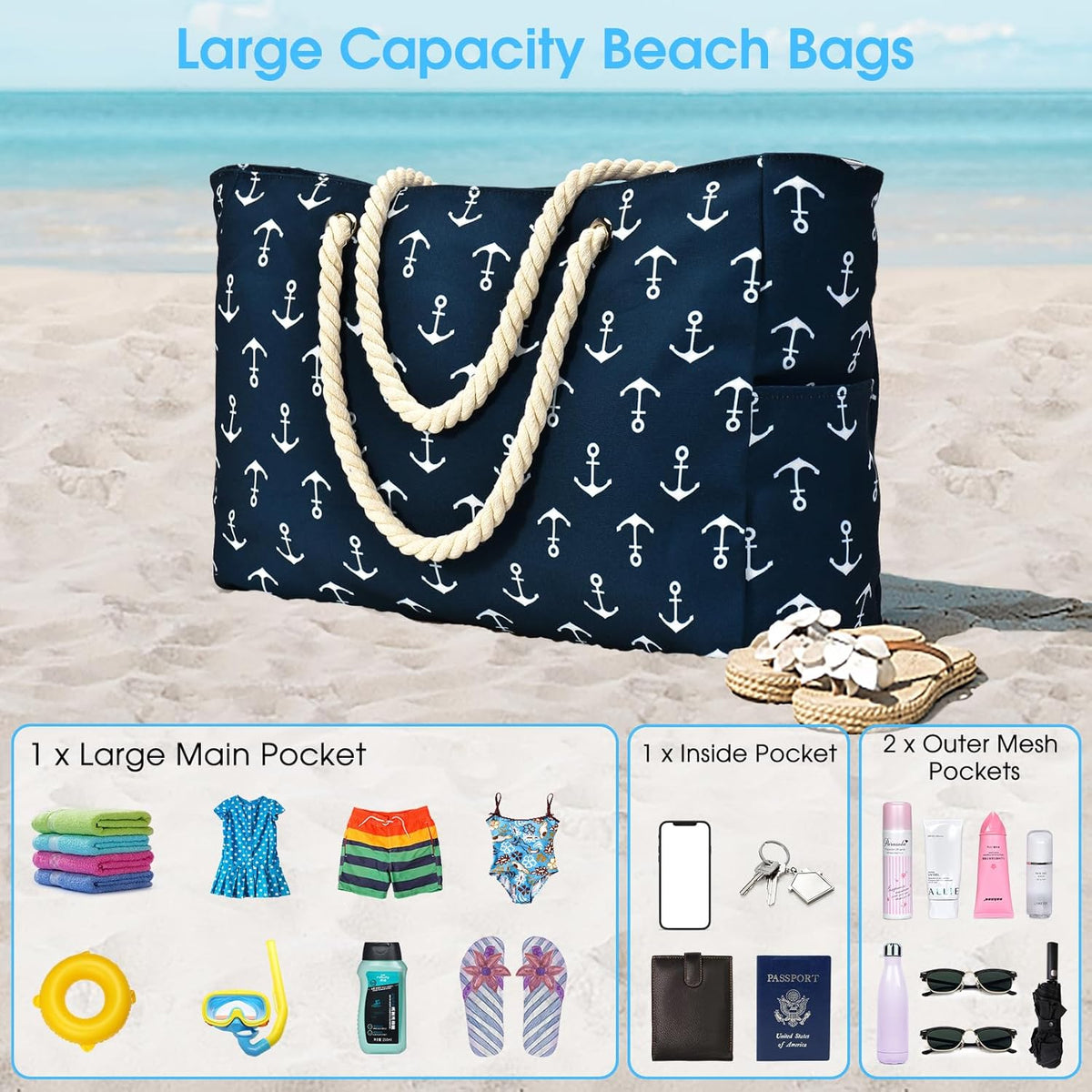 Waterproof Large Tote Bag - Multi-Pocket Everyday Carryall