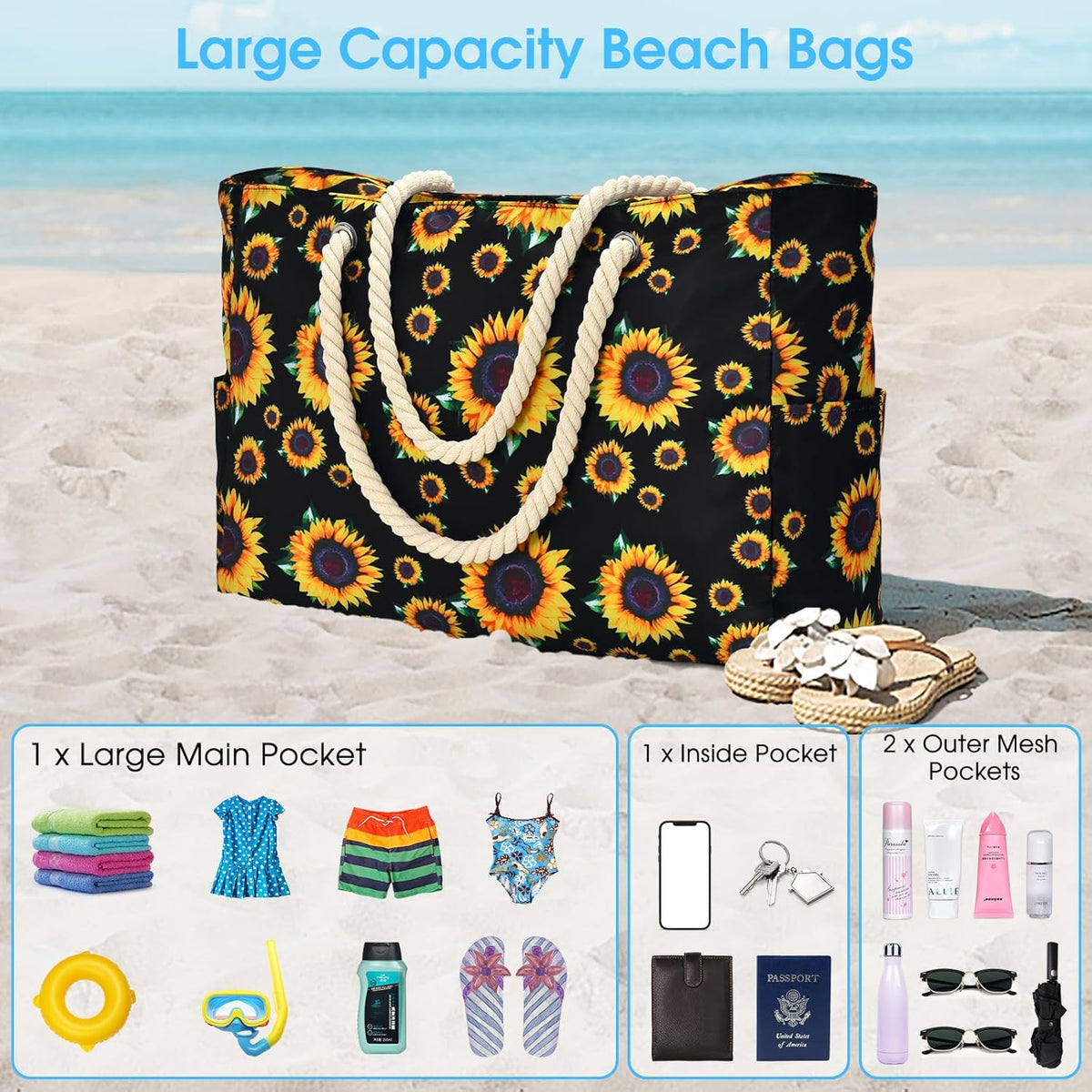 Waterproof Large Tote Bag - Multi-Pocket Everyday Carryall