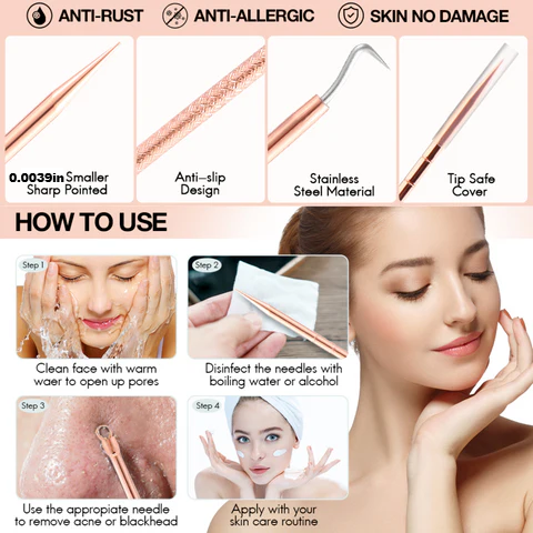 Blackhead & Pimple Extractor Kit - Stainless Steel Skincare Tools