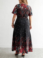 Plus Size Floral Autumn Dress - Casual Long V-Neck Style