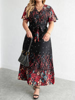 Plus Size Floral Autumn Dress - Casual Long V-Neck Style