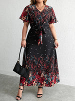 Plus Size Floral Autumn Dress - Casual Long V-Neck Style