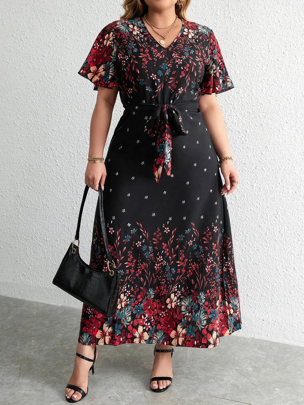 Plus Size Floral Autumn Dress - Casual Long V-Neck Style