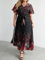 Plus Size Floral Autumn Dress - Casual Long V-Neck Style