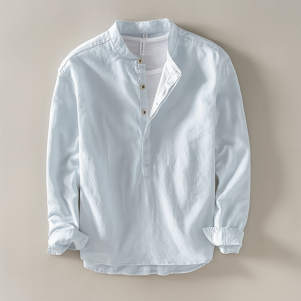 Brad Men's Long Sleeve Henley Shirt - Band Collar Casual Style