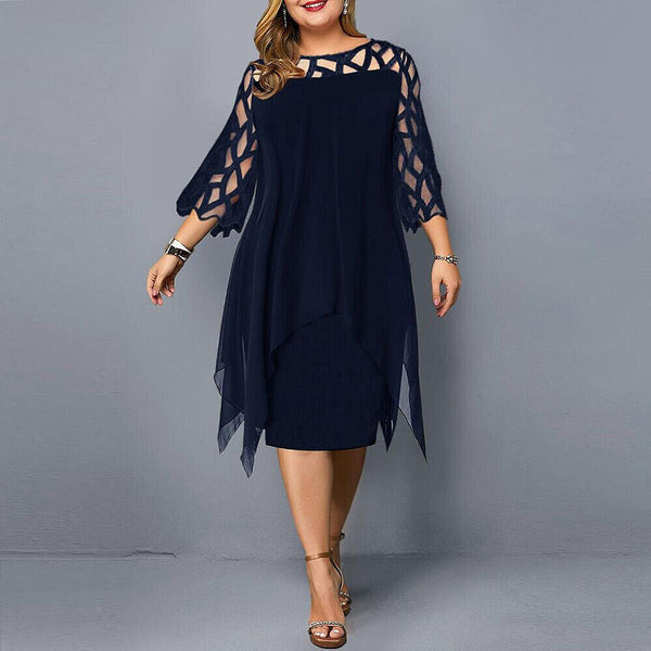Elegant Plus-Size Midi Dress - Lace Sleeve Fall Style