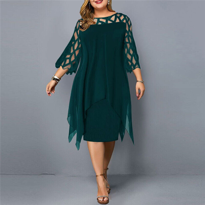 Elegant Plus-Size Midi Dress - Lace Sleeve Fall Style