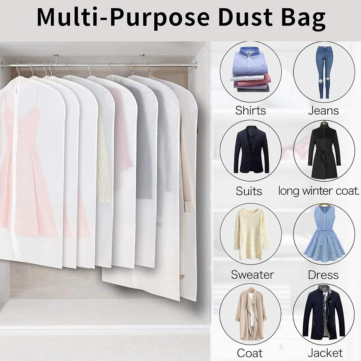Clear PEVA Garment Bags 12-Pack - Dustproof Clothes Protectors