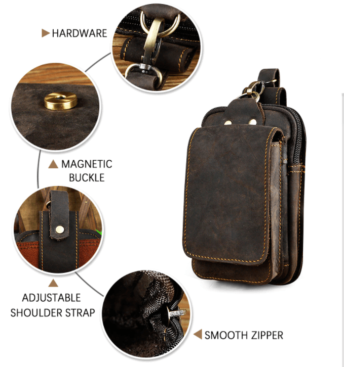 Men's Genuine Leather Waist Pack - Full-Grain Cowhide Hands-Free Bag