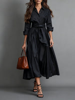 Eva Women's Long Sleeve A-Line Midi Dress - Chic Button-Down Everyday Style