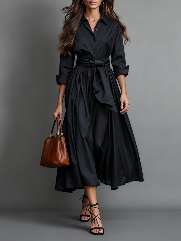 Eva Women's Long Sleeve A-Line Midi Dress - Chic Button-Down Everyday Style