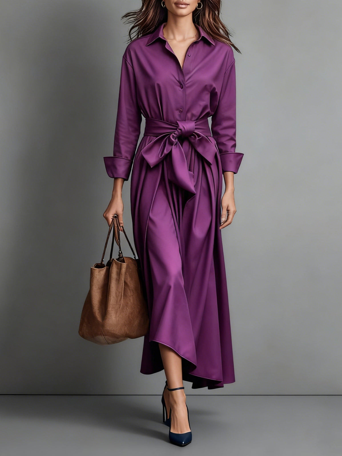 Eva Women's Long Sleeve A-Line Midi Dress - Chic Button-Down Everyday Style
