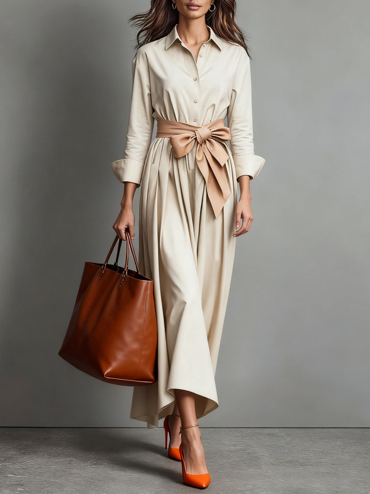 Eva Women's Long Sleeve A-Line Midi Dress - Chic Button-Down Everyday Style
