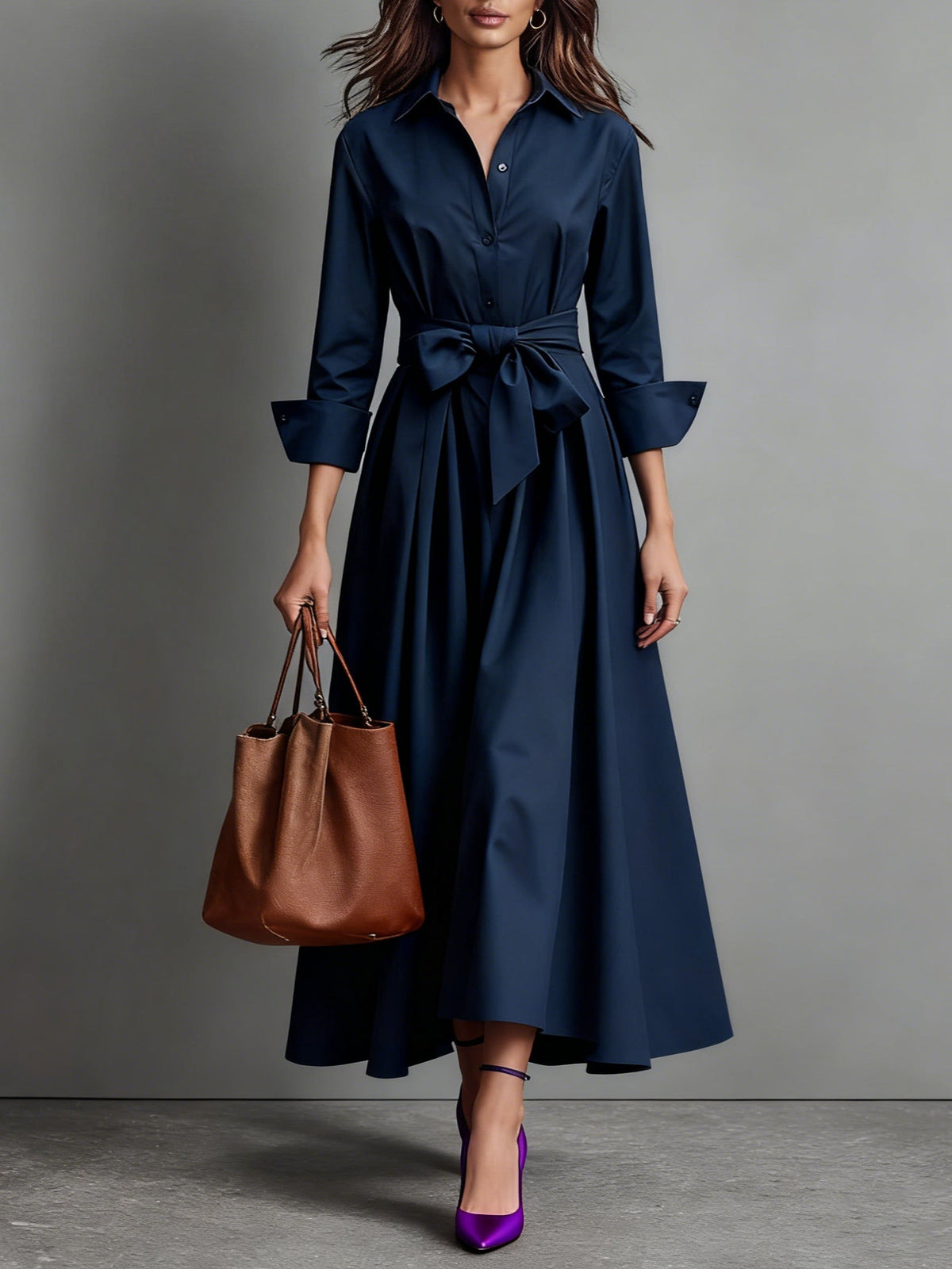 Eva Women's Long Sleeve A-Line Midi Dress - Chic Button-Down Everyday Style
