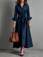 Eva Women's Long Sleeve A-Line Midi Dress - Chic Button-Down Everyday Style