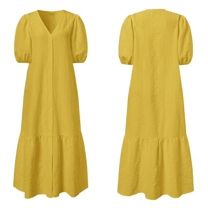 Plus Size V-Neck Maxi Dress - Chic, Modern Style with Puff Sleeves