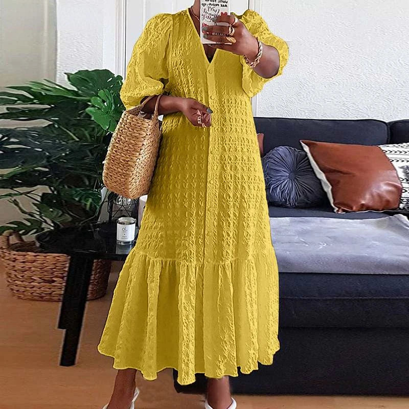 Plus Size V-Neck Maxi Dress - Chic, Modern Style with Puff Sleeves