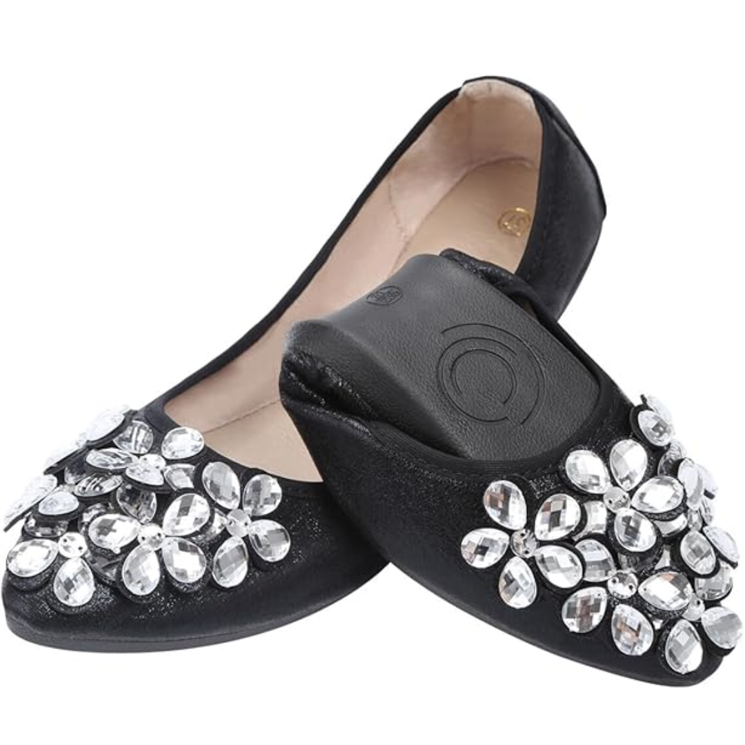 Yelena Rhinestone Ballerina Flats - Foldable Sparkle Shoes