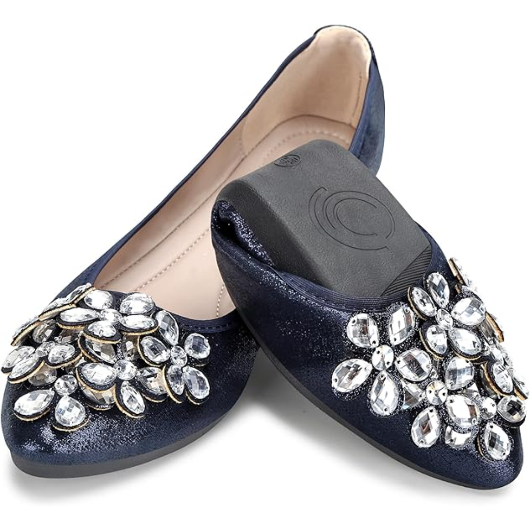 Yelena Rhinestone Ballerina Flats - Foldable Sparkle Shoes