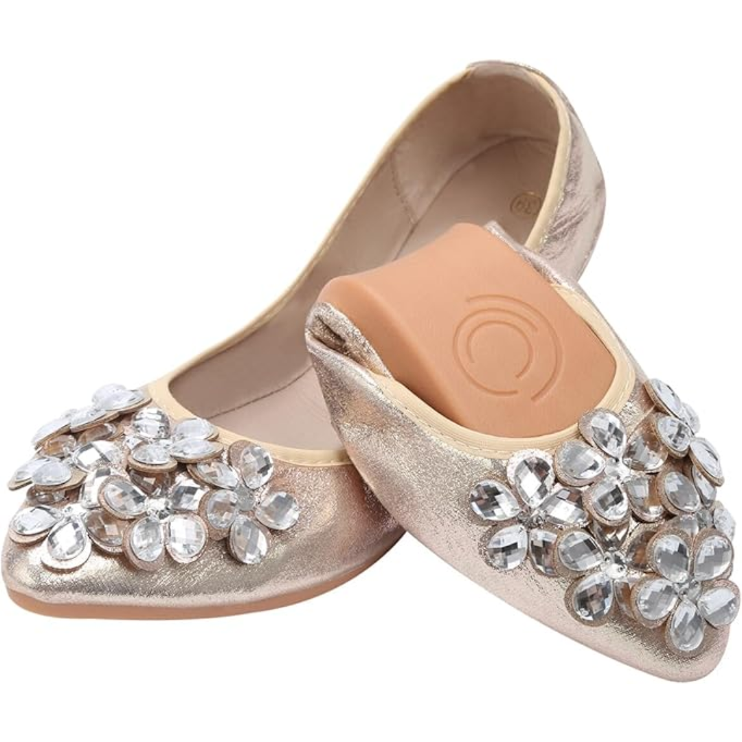 Yelena Rhinestone Ballerina Flats - Foldable Sparkle Shoes