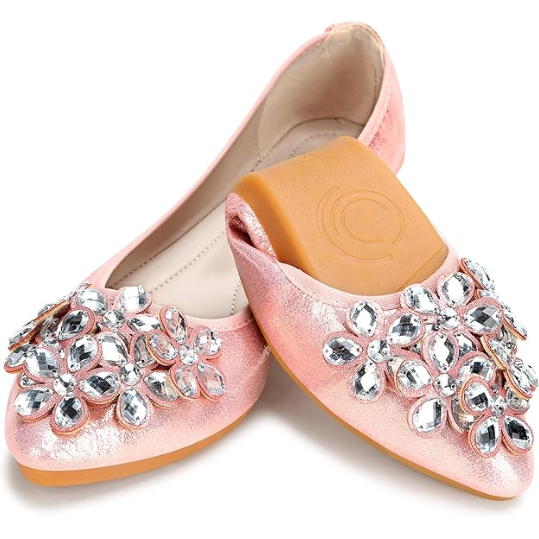 Yelena Rhinestone Ballerina Flats - Foldable Sparkle Shoes
