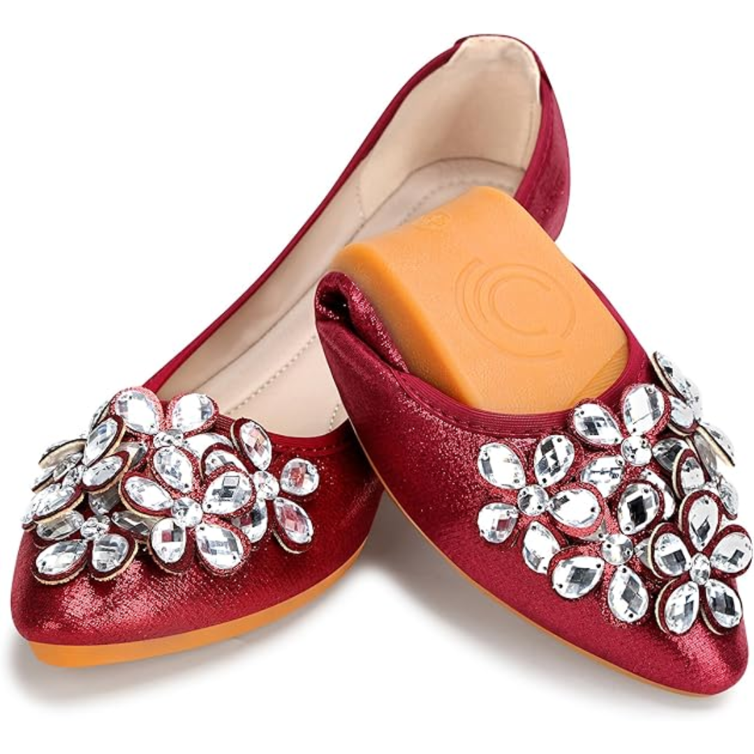 Yelena Rhinestone Ballerina Flats - Foldable Sparkle Shoes